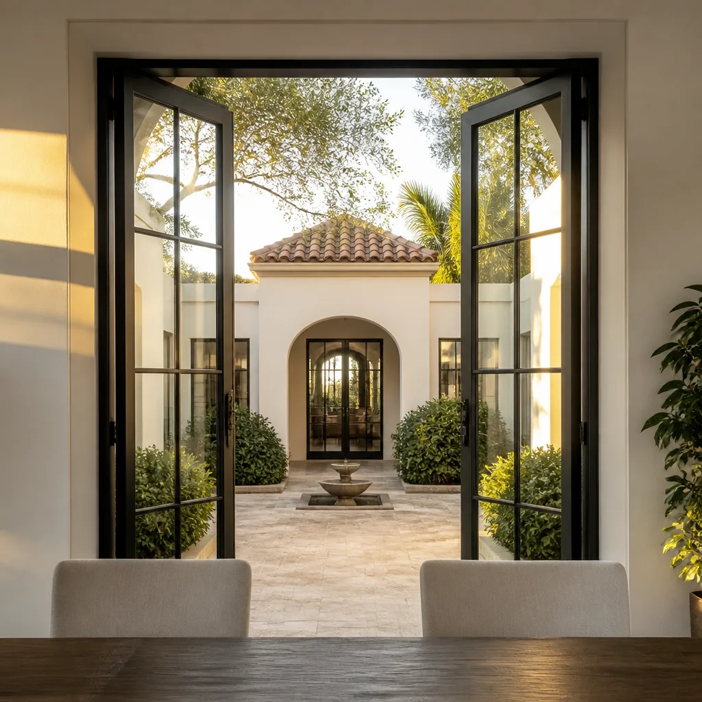 Luxury black framed patio doors opening to a Mediterranean courtyard.