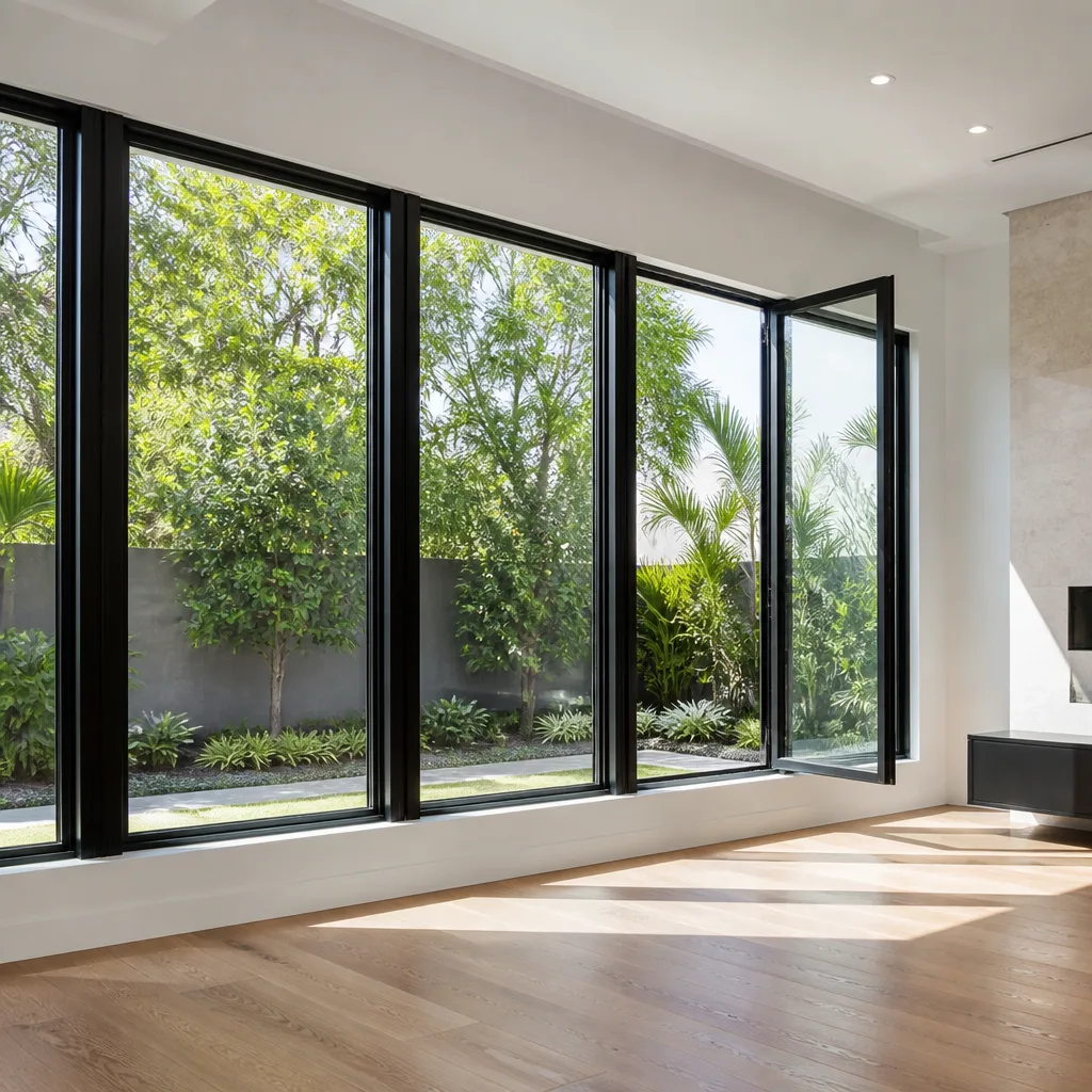 Modern floor-to-ceiling black-framed windows and open glass door in living room