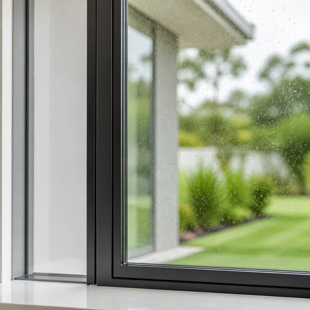 Modern black window frame with rain droplets overlooking a green backyard